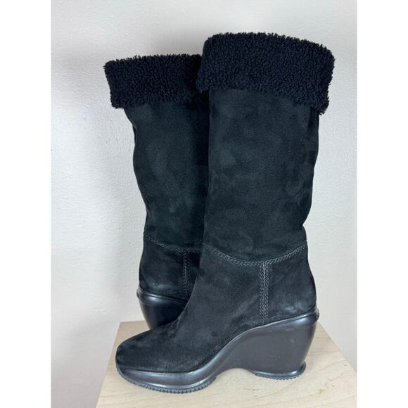 Hogan Suede Wedge Black Boots 37.5 Designer Leather Sherpa Lined Ski Snow Luxury - Picture 8 of 11